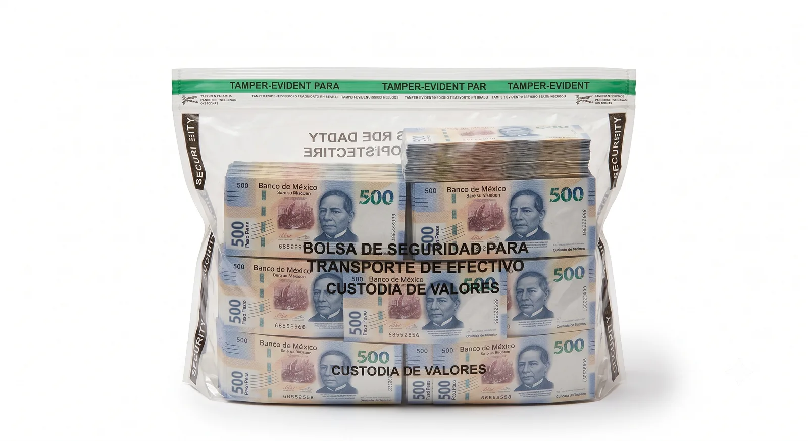 Bolsa de seguridad transparente con billetes mexicanos y sello tamper-evident
